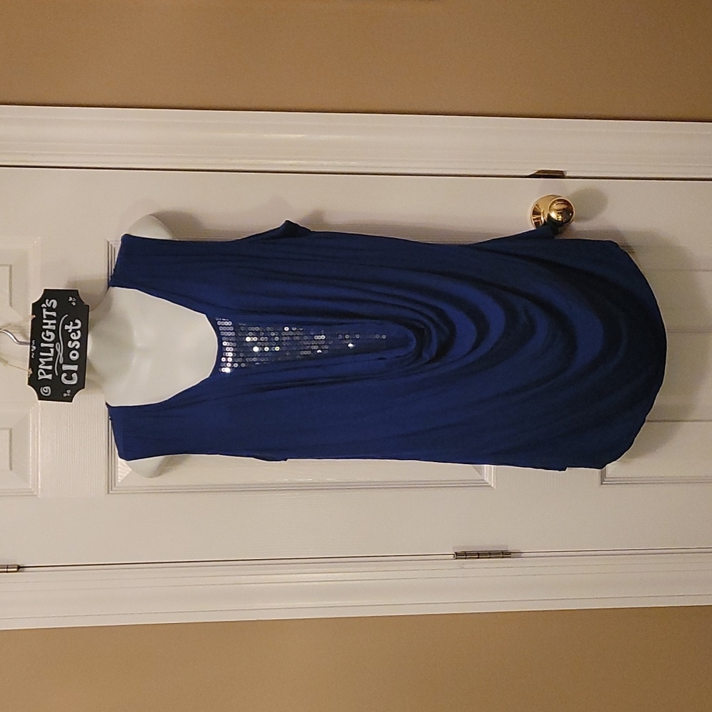 Design History 1X Tunic Blue Layered Look with Sequins Sleeveless